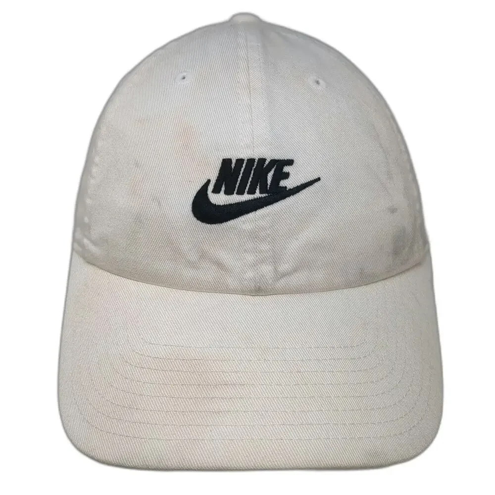 Nike Baseball Cap White M Black Logo Slideback Cotton 6 Panel Swoosh Sport Hat